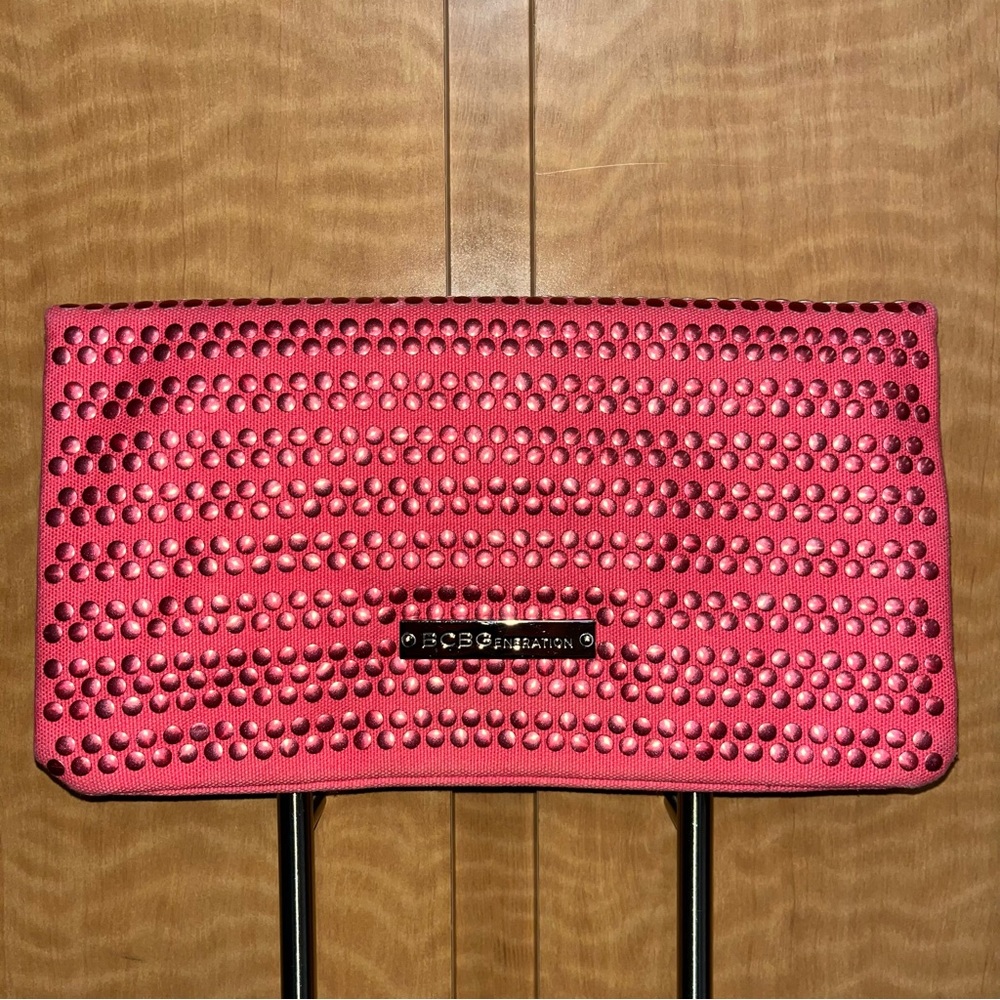 BCBGENERATION Women’s Metallic Sparkly Studded Hot Pink Foldover Clutch Purse